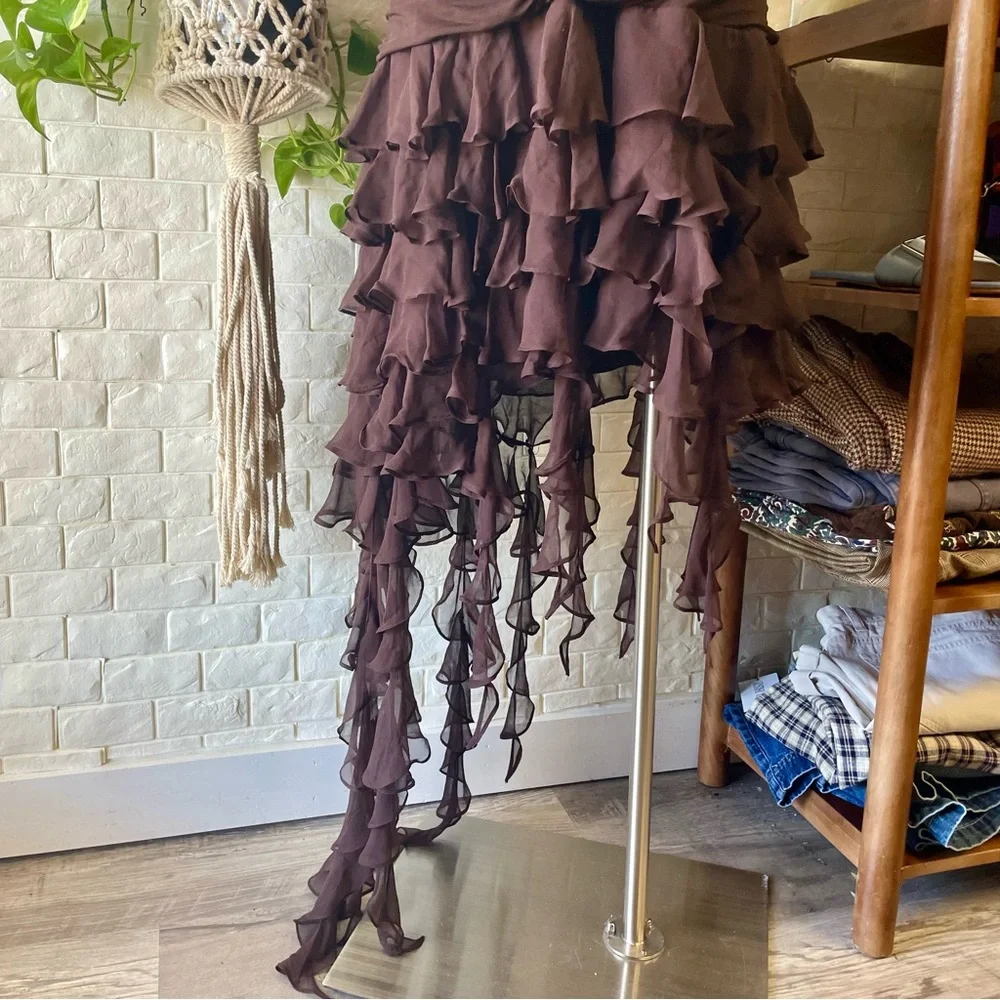 VTG Y2K BCBG MAXAZRIA Brown Ruched Halter Chiffon Ribbon Asymmetrical Dress - Picture 6 of 16